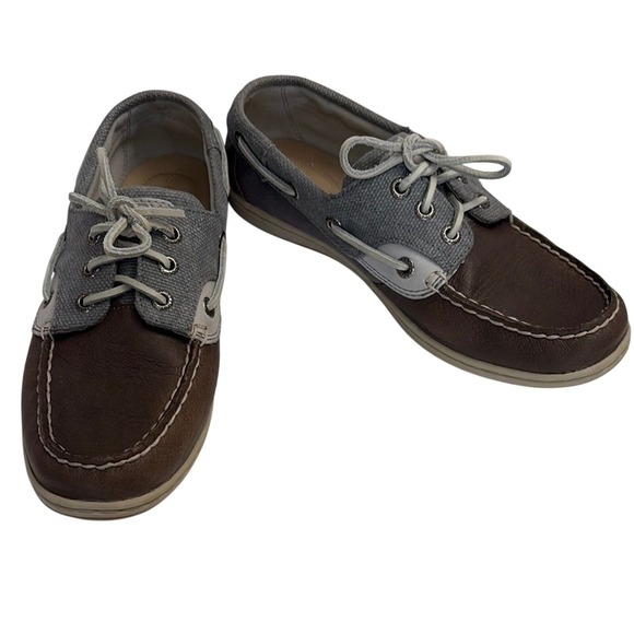 Sperry Top-Sider Boat Shoes Brown Leather Gray Canvas Preppy Coastal Womens 7 - Picture 2 of 10